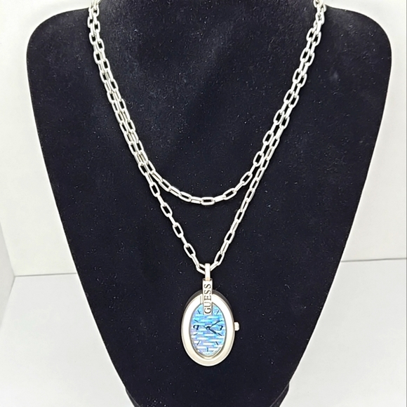 Womens Vintage Guess Watch Necklace Silver Tone New Battery - Picture 1 of 12